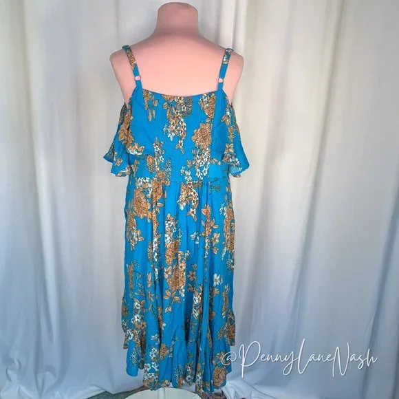 Torrid Plus Mini Gauze Cold Shoulder Skater Dress Blue Floral - Picture 8 of 11